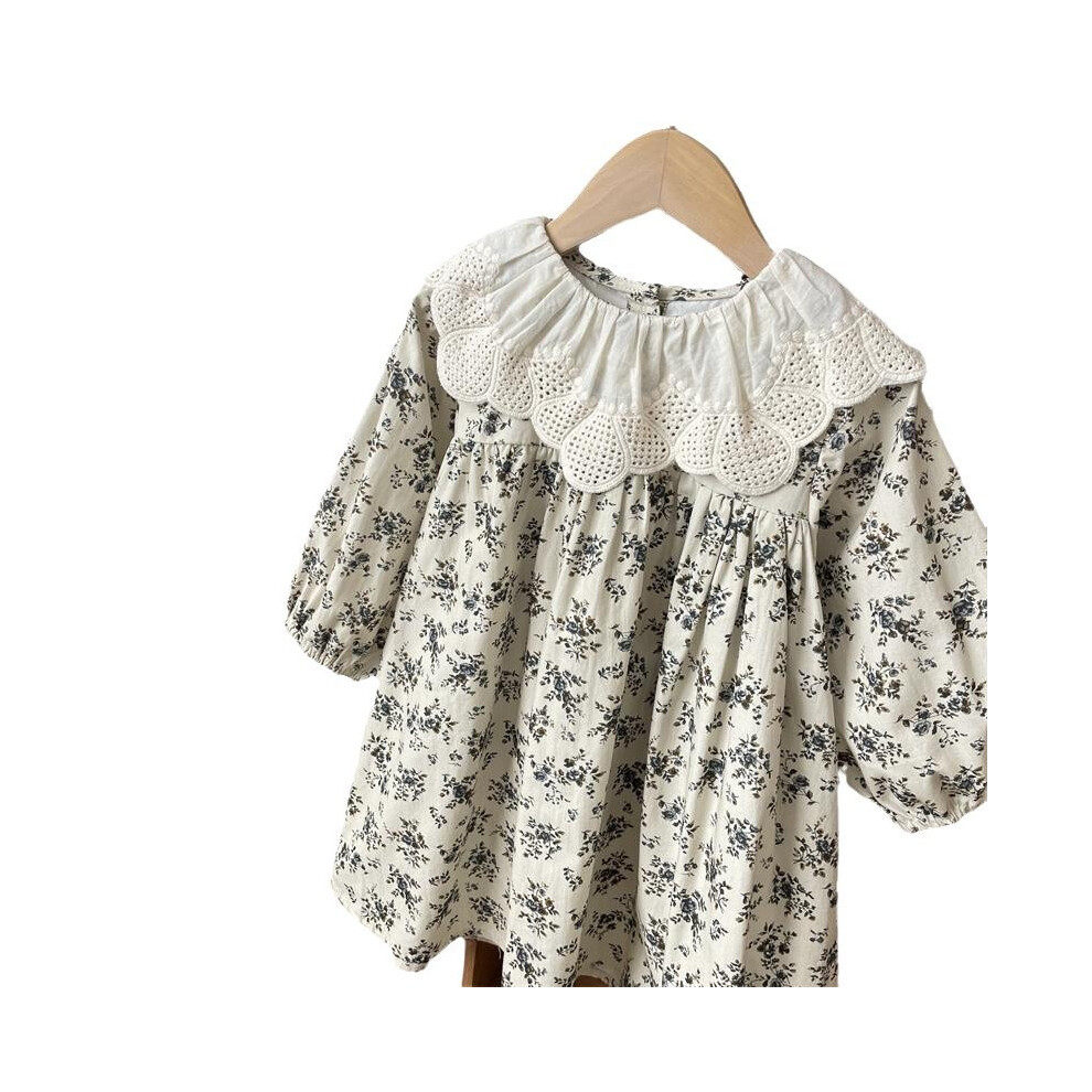 (110cm)Robe enfant fille avec col dentelle fleurie manches longues robe pour printemps automne