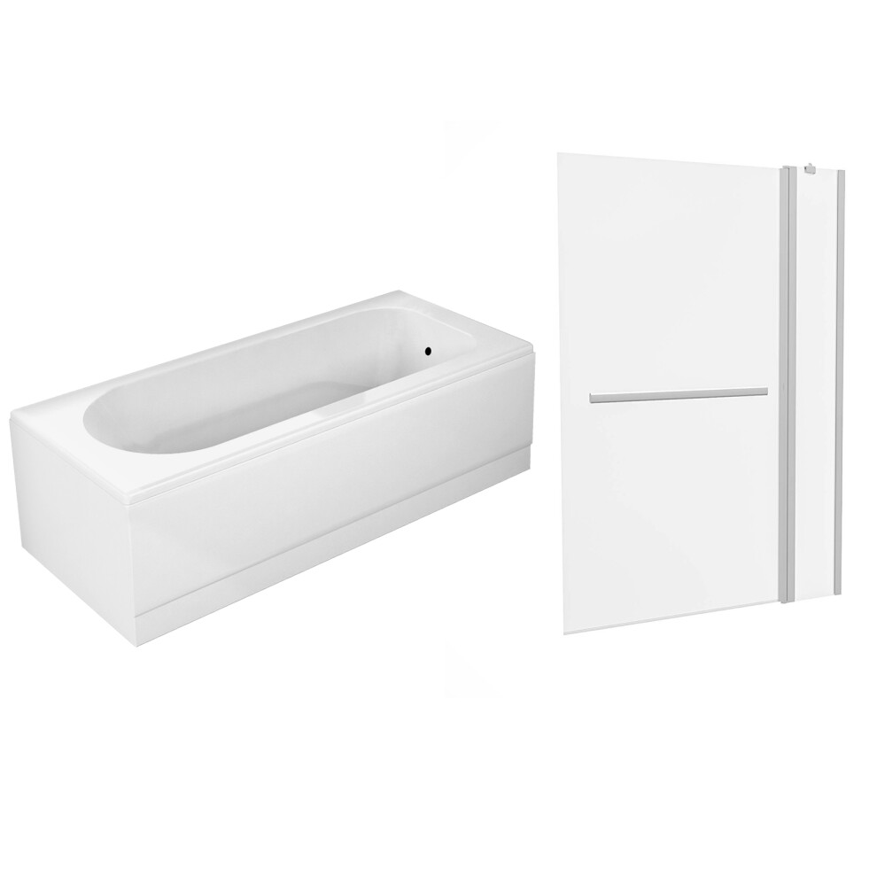 Nes Home 1700mm Round Bath, Square Double Glass Bath Screen with Towel Bar