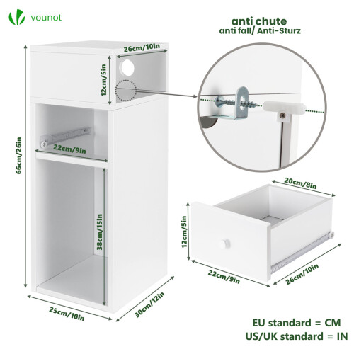 VOUNOT Narrow Bedside Table 25x30x66cm Nightstand Side End Table White 2