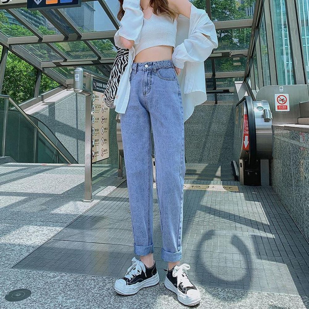 (light blue, XL) High-Waist Harem Jeans for Women - Small Size, Loose, Slim Fit, Nine-Point Carrot Daddy Trousers for Autumn and Summer.