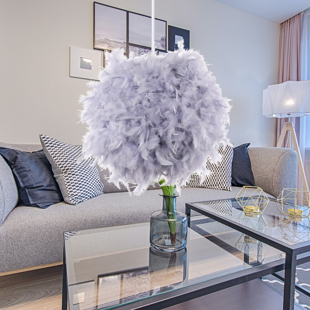 (2 Pack) Modern Feather Pendant Light Fluffy Feather Pendant Lamp ,Feather Light Shade ,for Bedroom, Living Room, Wedding (Grey)