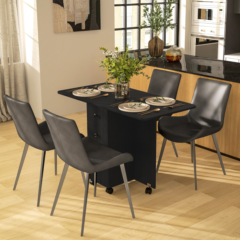 HOMCOM Folding Dining Table, Drop Leaf Table With Drawers Distressed Black