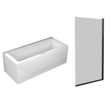 Nes Home 1700mm Square Bath with Square Black Frame Light Grey Bath Screen