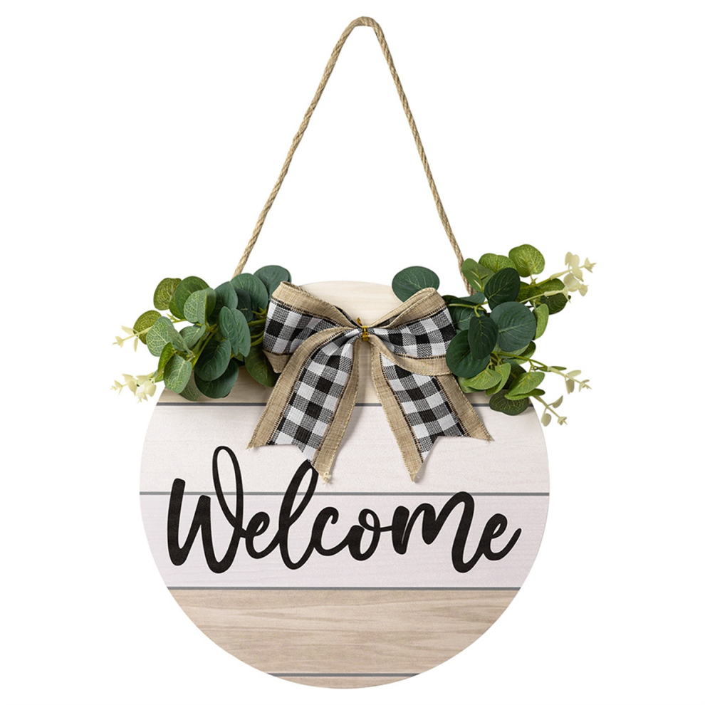 Cartello Di Benvenuto Con Ghirlanda Di Foglie Verdi Brillanti, Decorazione Da Parete Per Porta D'ingresso