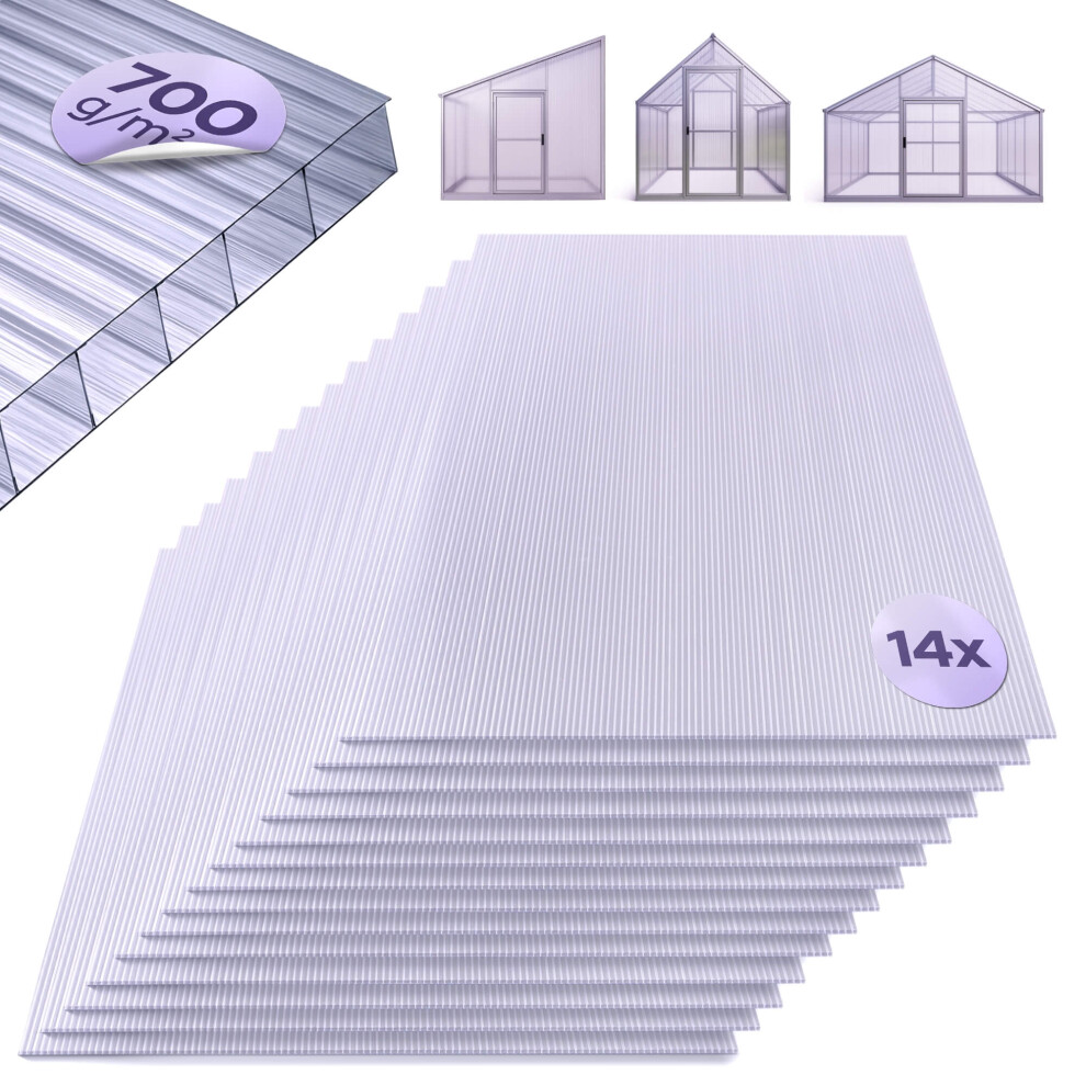 AREBOS twin-wall sheets set of 14 | 121 x 60.5 cm | polycarbonate sheets 6 mm thick | UV-resistant | for greenhouse, carport, cold frame, roofing