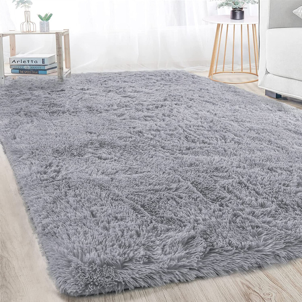 (160cm x 230cm (5ft 3" x 7ft 6"), Plain Grey) Grey Black Shaggy Rugs Non Slip Extra Large Fluffy Soft Area Rug Living Room Bedroom Carpets