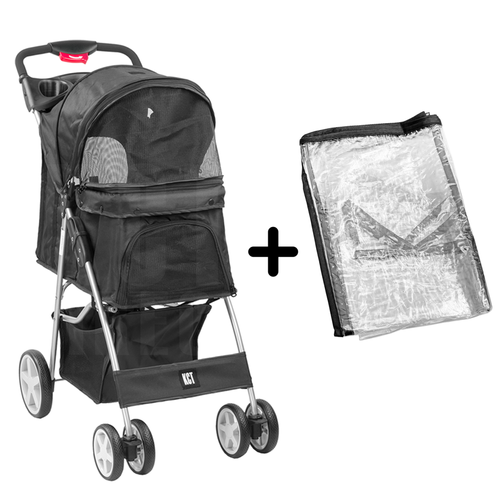 (Black Pet Stroller + Cover) KCT Hooded Pet Strollers for Small to Medium Sized Pets-image-OPC-PFJYWJJ-NEW