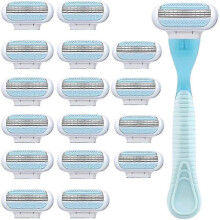 (Blue Handle. 16 Refills) Razor Blades Women, Razor Blade Refills, Designed For A Comfortable Shave Smooth Glide