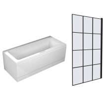 Nes Home 1700mm Square Bath with Legs and Square Black Grid Bath Screen