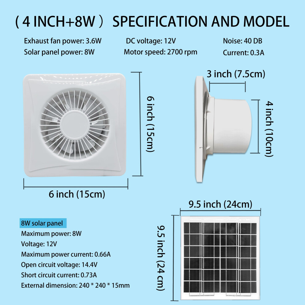 (10.16Cm Fan 8W Solar Panel) 1Pc Solar Powered Exhaust Fan, 17W/8W/6W, Quiet Operation, Low Noise, High-Efficiency Air Circulation 9452381074032