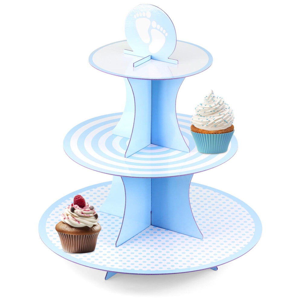 (Blue) GEEZY 3 Tier Cardboard Cupcake Cake Stand Reusable Easy Assembly Birthday Wedding