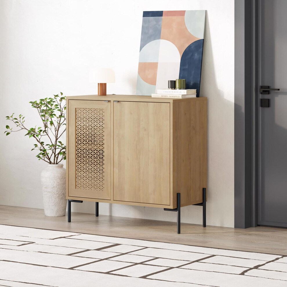 2 Door Sapphire Oak Sideboard Laser Cut Door Black Metal Legs