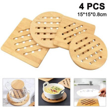 4 Pieces Heat Resistant Natural Washable Bamboo Coasters Square and Round Pan Coasters with Drainer for Kitchen Bowl Pots Plates