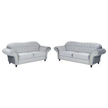 Beso Chesterfield Style French Velvet Silver Fabric 3 + 2 Seater Sofa