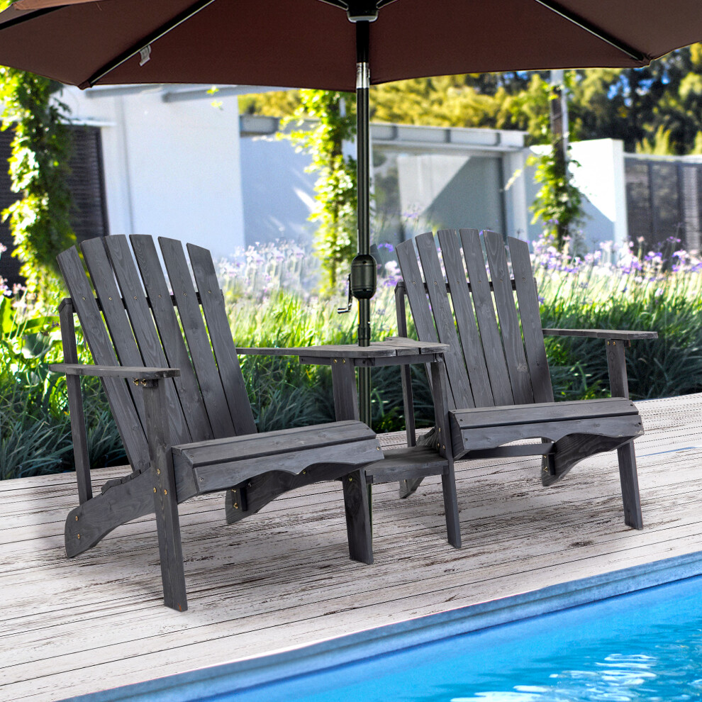 Outsunny Wooden Outdoor Double Adirondack Chair w/ Center Table & Umbrella Hole