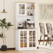 HOMCOM 72" Kitchen Solid Storage Sideboard Cabinet with Glass Door, White