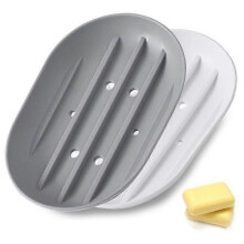 (White + Gray) 2 Pack Silicone Soap Dish with Drain Hose, Non-Slip Soap Holder, Shower/Bathroom/Kitchen