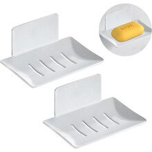 2 Pieces Wall Mounted Soap Dish, Drill Free Soap Dish, Soap Dish with Drain, Suitable for Bathrooms, Kitchens, Countertops, Showers (White)