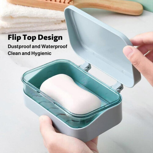 Soap Box with Removable Drainer and Lid, 2 Layers Rectangular Soap Dish Container, Travel Leakproof Holder Soap Dish Soap Case 2