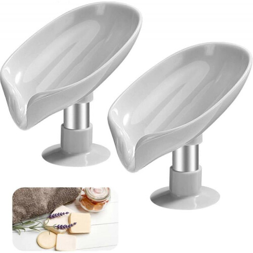 2pcs Gray Leaf Shaped Soap Dish Leaf Shaped Soap Holders with Suction Cup Plastic Sponge Soap Box No Drilling for Bathroom, Kitchen
