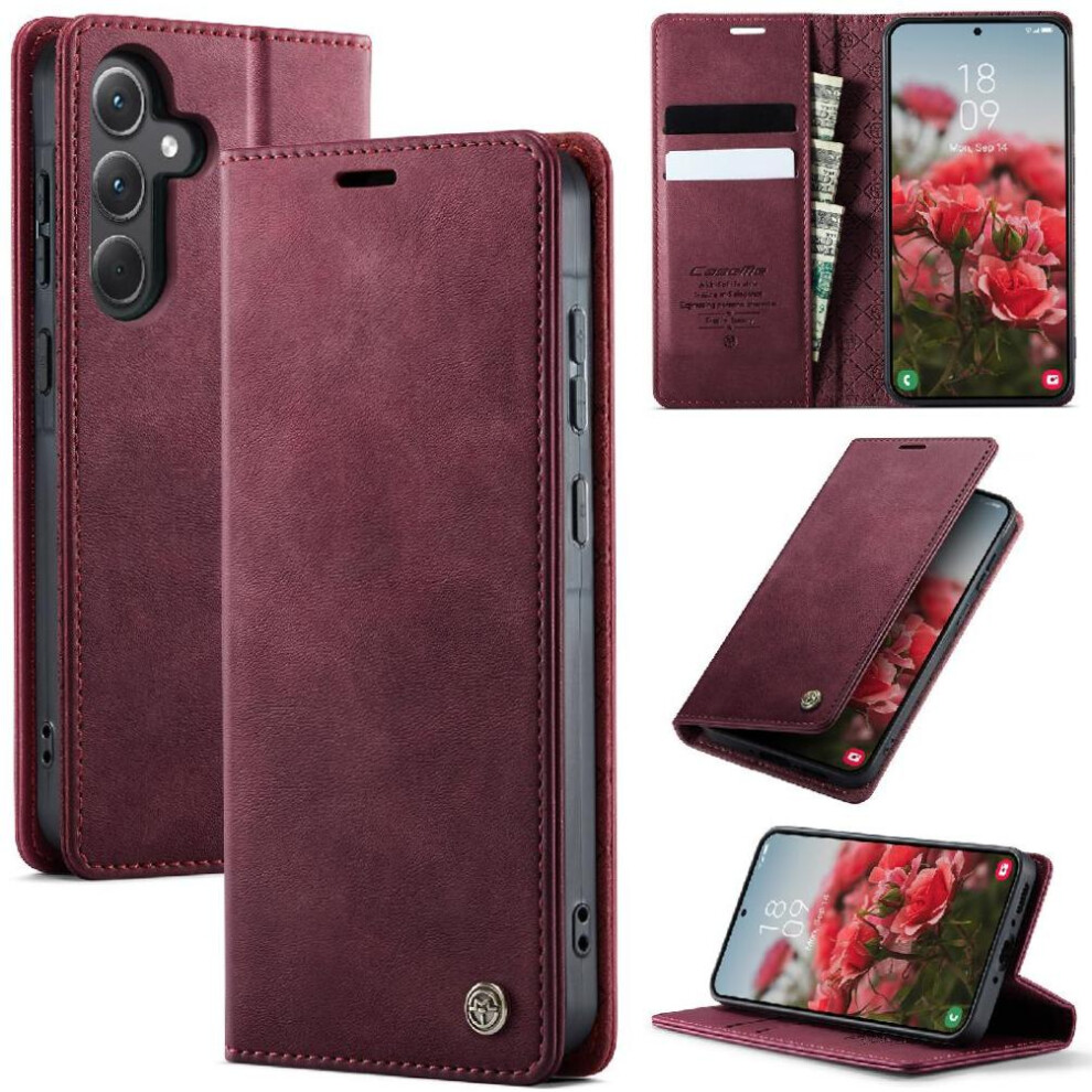 (Red) Retro Leather Wallet Case For Samsung Galaxy A35 5G Rfid Blocking Adjustable Kickstand Shockproof Protection Red 764563543236