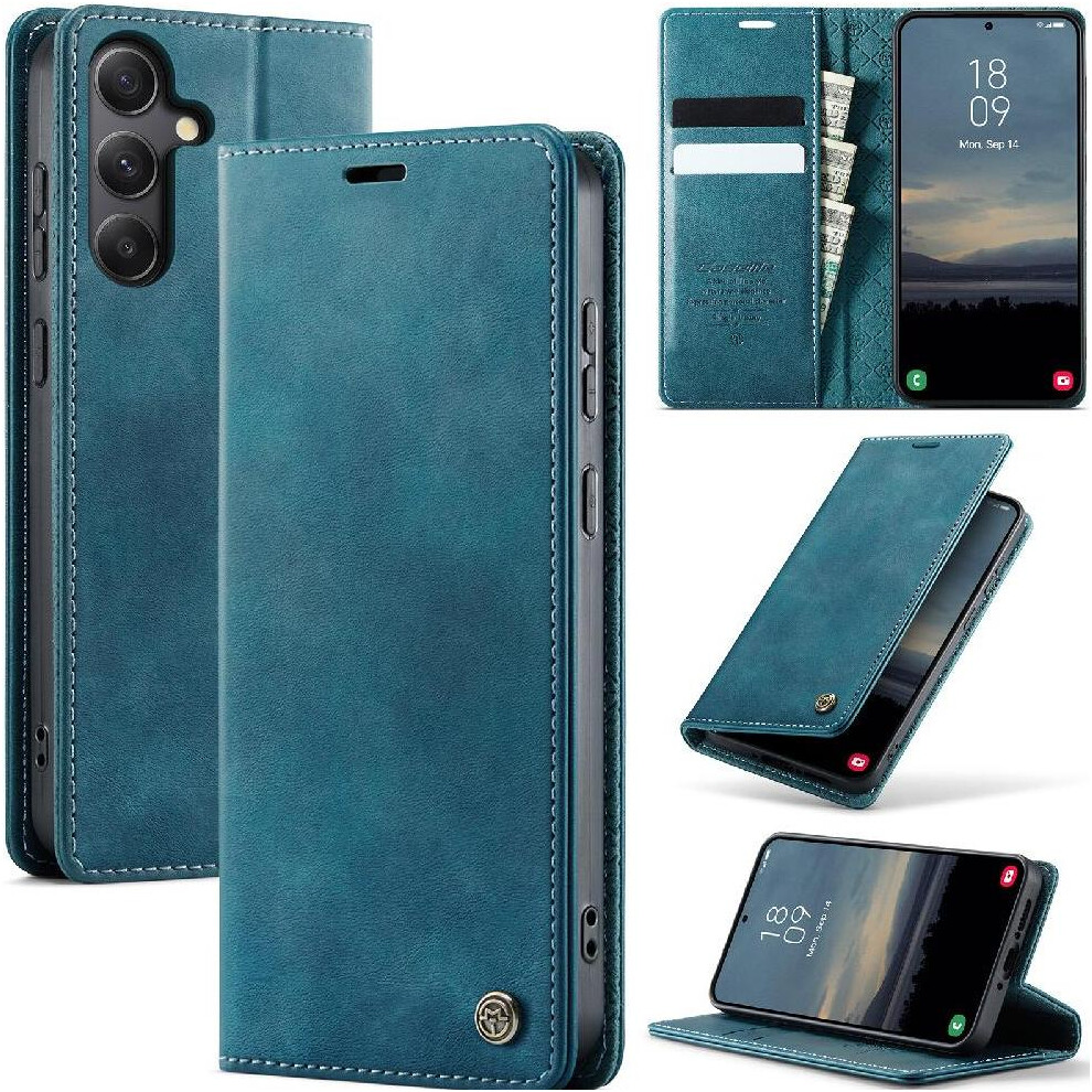 (Blue) Retro Leather Wallet Case For Samsung Galaxy A34 5G Rfid Blocking Adjustable Kickstand Shockproof Protection Blue 764563543359