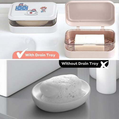 Soap Box, 1 Pc Plastic Soap Box with Lid & Removable Drainer, 2 Layers Rectangular Soap Dish Container(Pink) 2