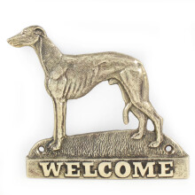 Vipet - tabuľka na dvere so psom, mosadzná uvítacia plaketa, výnimočný štítok s nápisom Welcome od značky Art-Dog