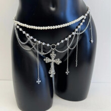 Taillenkette mit Kreuzquaste, dekorative Körperkette für Damen, Kunstperle, Retro-Perlen-Taillenkette – MIWI – Silber
