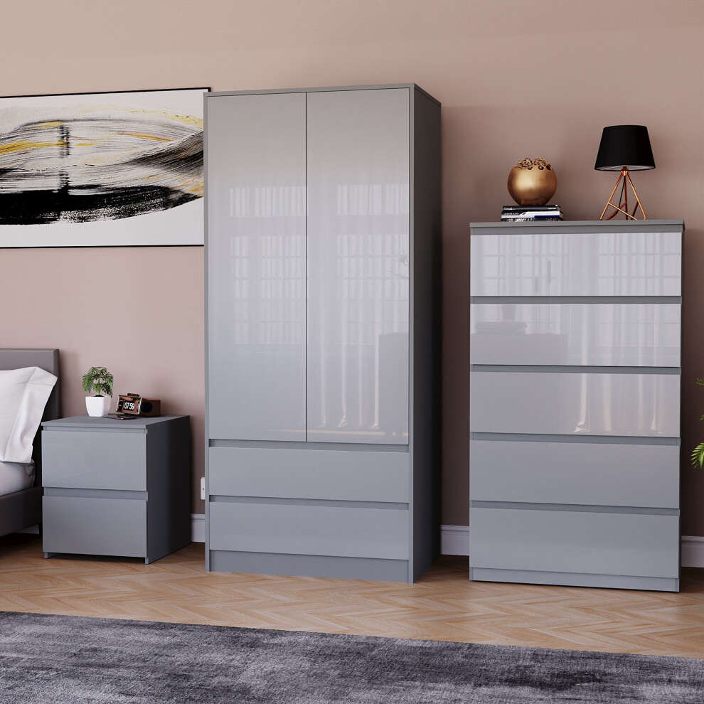 (Grey) Glinton 3pc Bedroom Furniture Set High Gloss (3)