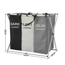 (3-Section Basket) Collapsible Laundry Basket 3 Compartments Lightweight Washing Sorter with Aluminum Bracket and Handle, Space-Saving Organiser, 66x38x58cm