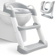 (Grey) Potty Training Toilet with Step Stool Ladder – Foldable, Slip Toddler Seat | Soft Cushion, Safety Handles & Splash Guard | Secure Toilet Trainer