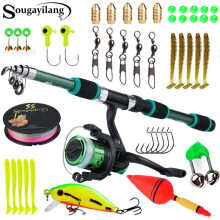 (Green, one-size) Fishing Pole Set, Including 6 Sections Telescopic Fishing Rod, Spinning Reel, Assorted Fishing Baits & Hook