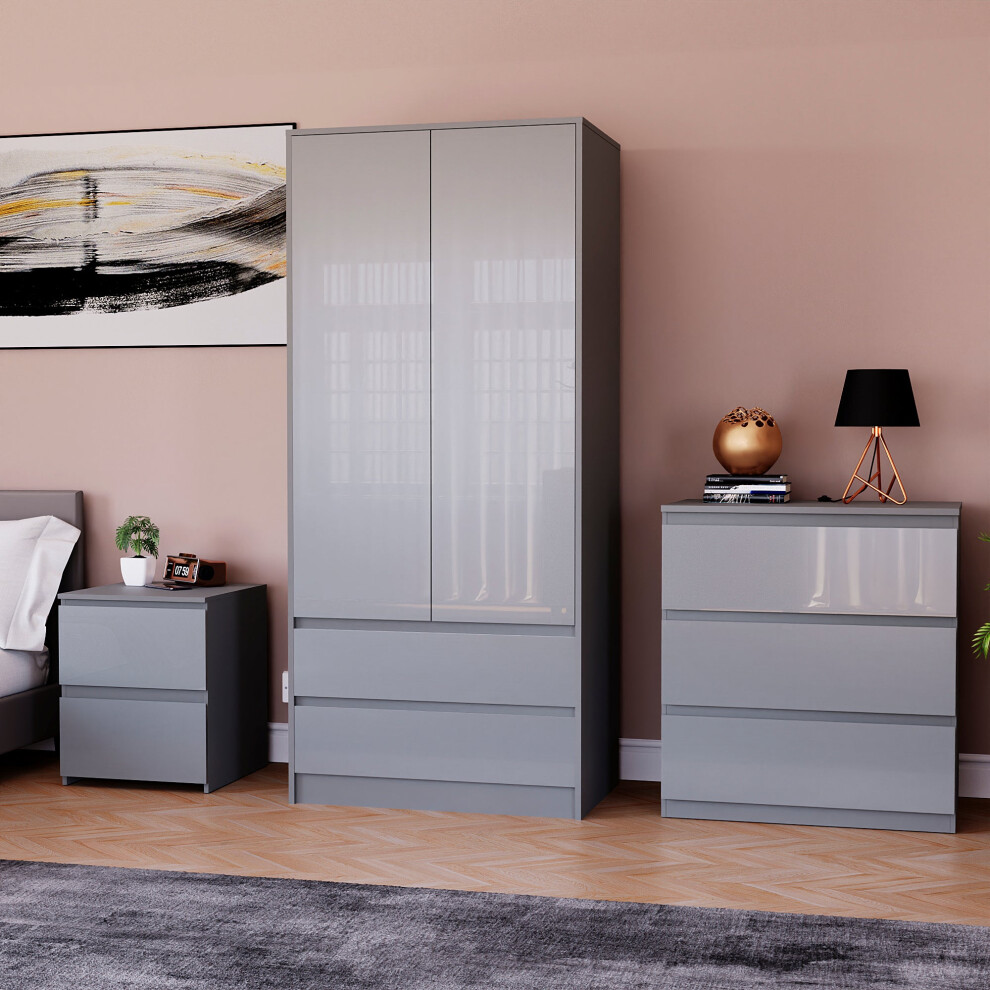 (Grey) Glinton 3pc Bedroom Furniture Set High Gloss (1)