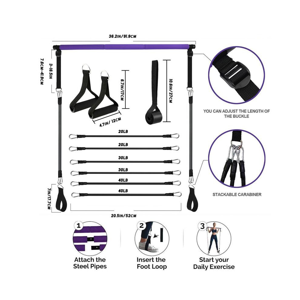 (Purple, one-size) Pilates Bar Kit with Resistance Bands, Adjustable 3-section Pilates Bar with Adjustable Metal Buckle,Pilates Bar Kit for Women Full