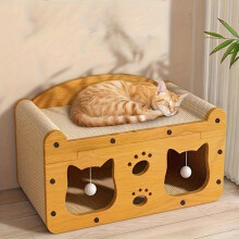 (Camel, 1 Set) Cat House & Scratch Board, Wooden Cat Bed with Cat Scratcher, Durable Double Layer Cat Bed, Home Pet Furniture for Indoor Cats, Cats Home