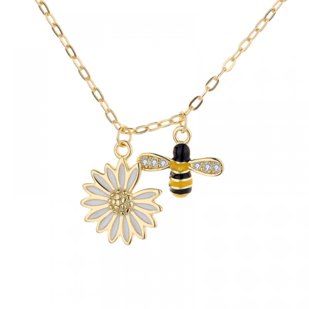 Collier femme en argent sterling S925 motif marguerite et abeille