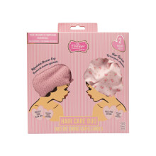 Vintage Cosmetics Co Rose Print Shower Cap & Pink Microfibre Hair Turban Duo - 1950s Glam