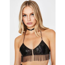 Neckholder-Wickeltop mit Strass-Intarsien und Pailletten, Quastenkette, kleine Weste, Körperkette – MIWI – Silber – Einheitsgröße