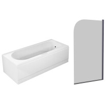 Nes Home 1700mm Round Bath & Legs With Curved Black Frame Light Grey Bath Screen