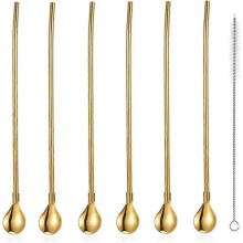 Spoon Straws Reusable Stainless Steel Drinking Spoon Straws Metal Cocktail Spoons Straws with Long Cleaning Brush for Drink Smoothies Ice Cream