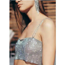 Sexy, mit Strasssteinen besetztes, modisches Neckholder-Top aus Diamantstoff mit gespleißtem Brustwickel und kleiner Weste - MIWI - Silber -