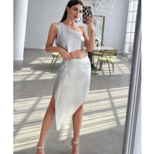 Sexy, schulterfreies, sexy, unregelmäßiges Top mit Strass-Intarsien aus Diamantstoff – MIWI – Tops – Einheitsgröße