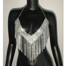 Sexy Camisole mit Strass-Intarsien und Quasten aus Stoff – MIWI – Silber – Einheitsgröße