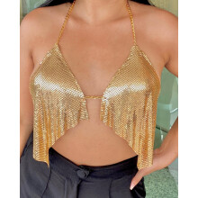 Neckholder-Top mit Strass-Intarsien, Pailletten, Diamanten, Stoffquaste und Metallkette – MIWI – Gold – Einheitsgröße