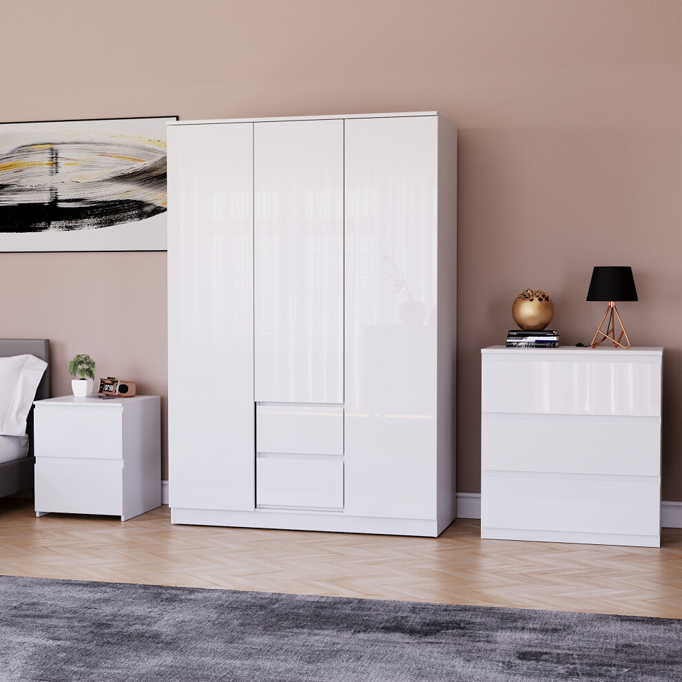 (White) Glinton 3pc Bedroom Furniture Set High Gloss (6)