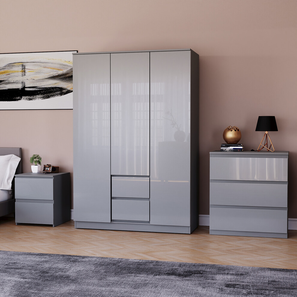 (Grey) Glinton 3pc Bedroom Furniture Set High Gloss (6)