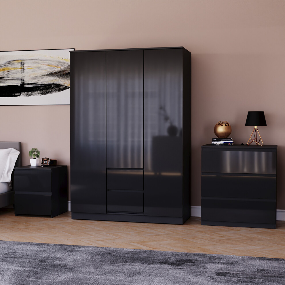 (Black) Glinton 3pc Bedroom Furniture Set High Gloss (6)