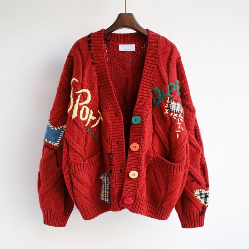 (XXXL, red) Autumn Winter Women Cardigan Warm Knitted Sweater Jacket Pocket Embroidery Fashion Knit Cardigans Coat Lady Loose Sweaters
