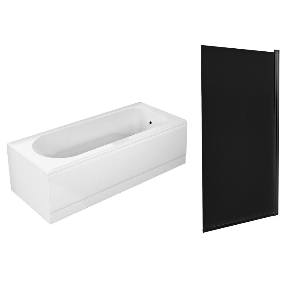 Nes Home 1700Mm White Round Bath With Square Black Frame Dark Grey Bath Screen 7456008879002